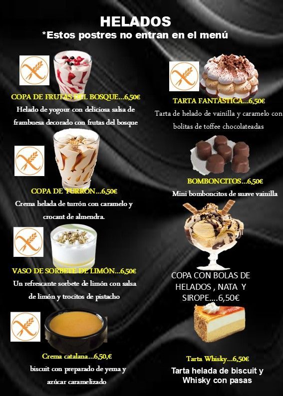 Un menú de un restaurante muestra una variedad de postres.