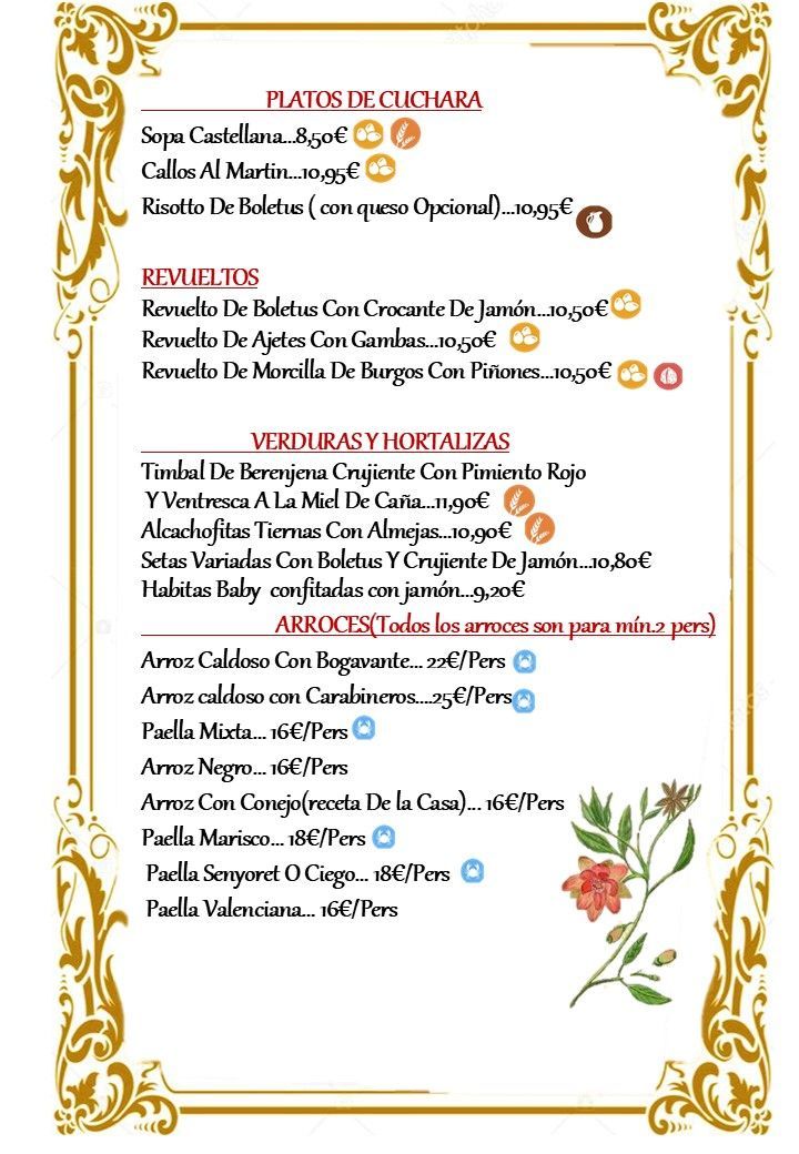 Un menú con un marco dorado y flores.