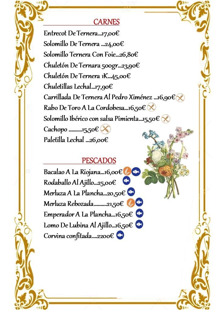 Un menú con un marco dorado y flores.