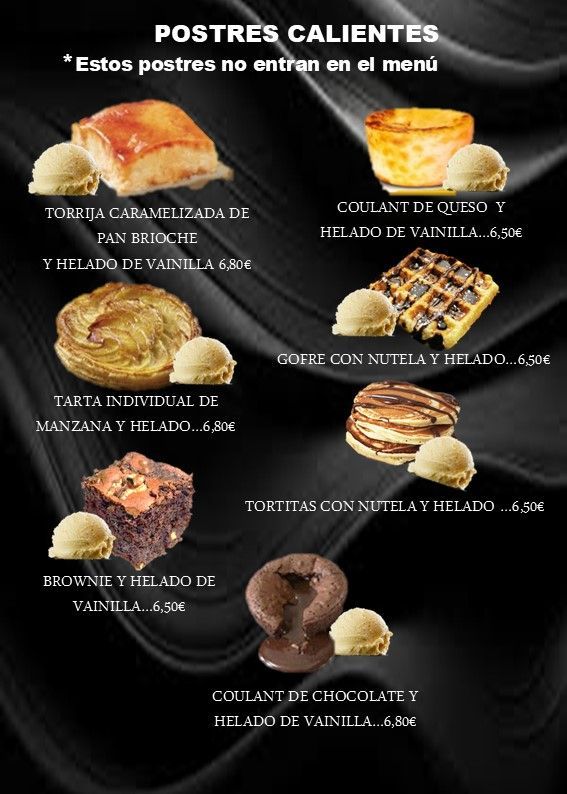 Un menú de postres calientes muestra una variedad de postres.