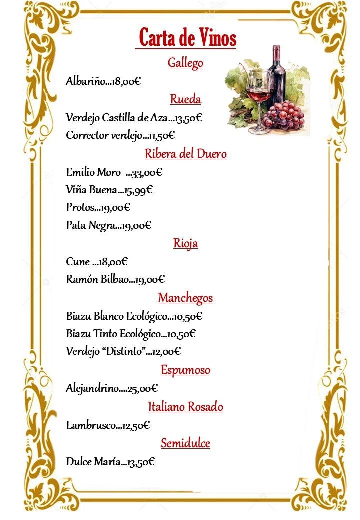 Un menú con la imagen de una botella de vino.