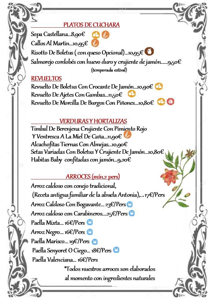 Un menú con un marco dorado y flores.