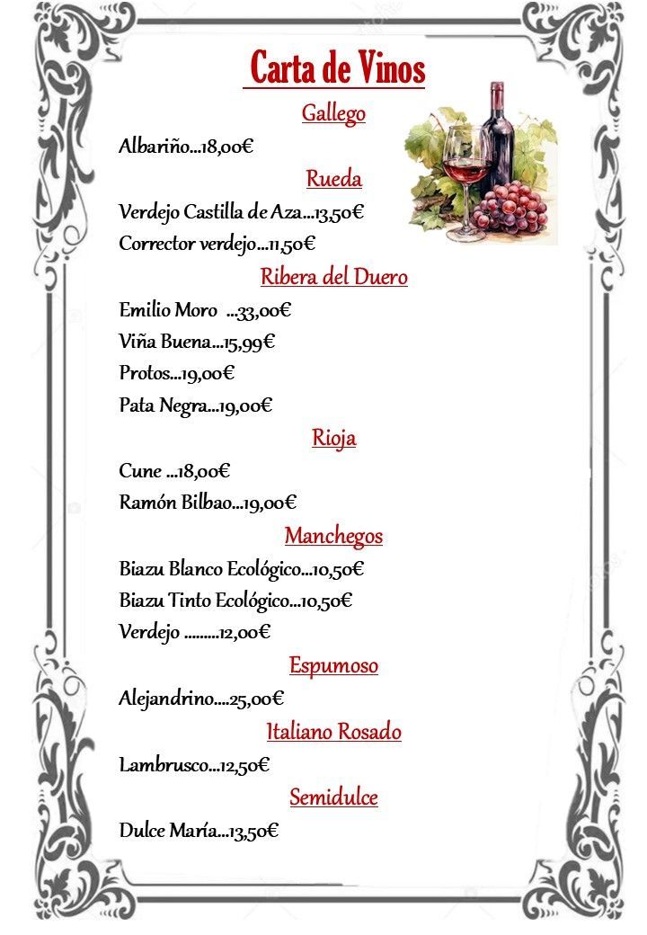 Un menú con la imagen de una botella de vino.