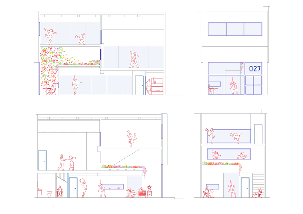 Un conjunto de cuatro dibujos de un edificio que muestran diferentes secciones del edificio.