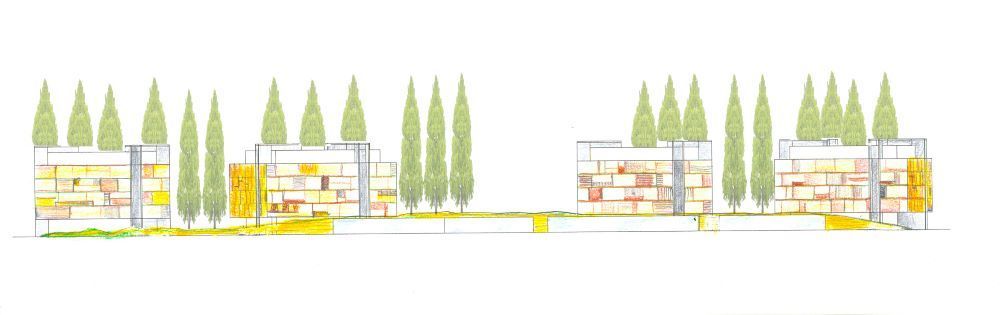 Un dibujo de un edificio con árboles delante de él.