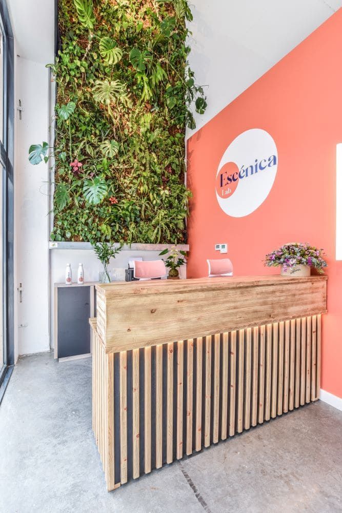 Un área de recepción con un escritorio de madera y una pared de plantas.