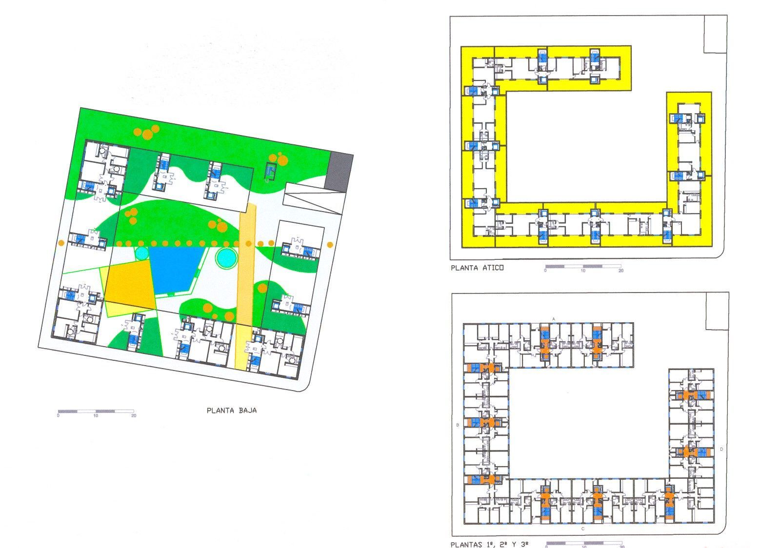 Tres planos de un edificio con un parque en el medio.