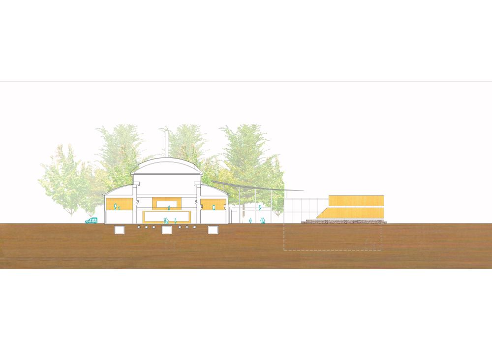 Una sección transversal de un edificio con árboles al fondo.