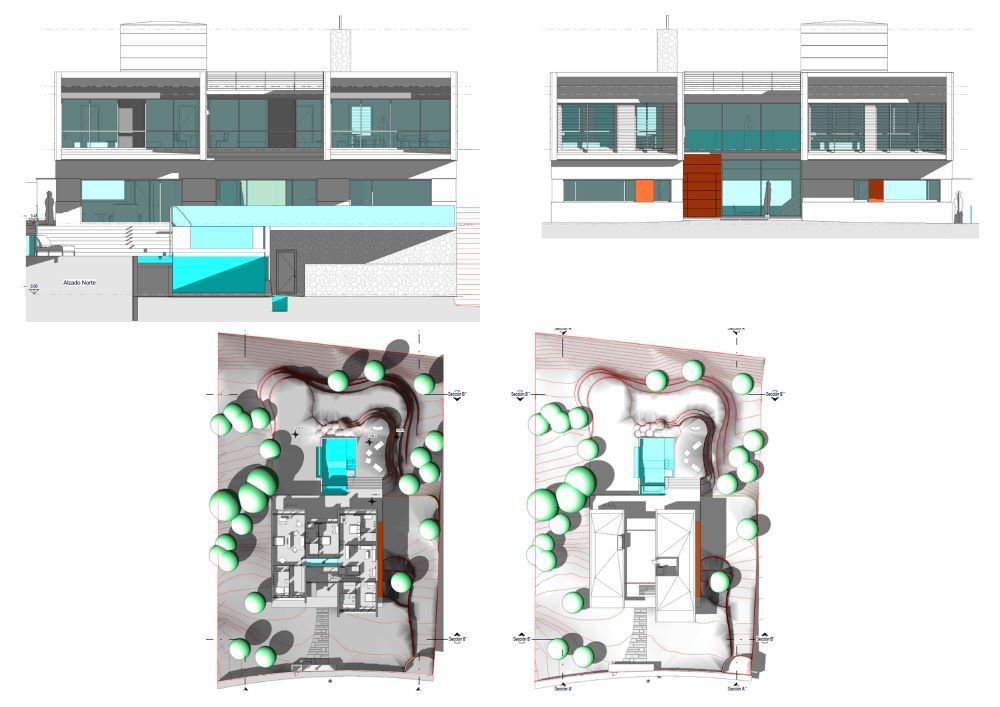 Un conjunto de cuatro dibujos arquitectónicos de una casa.