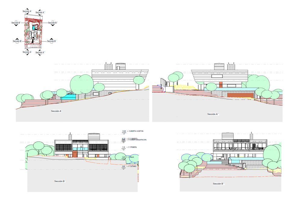 Un conjunto de cuatro dibujos de un edificio con árboles al fondo.