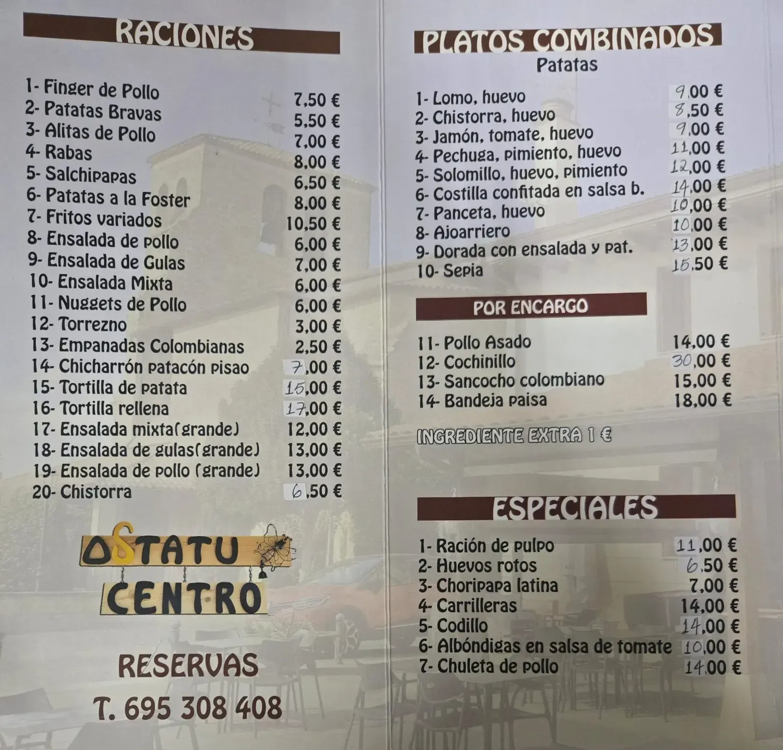 Carta con platos españoles, con apartados de raciones, platos combinados y especiales, con precios.