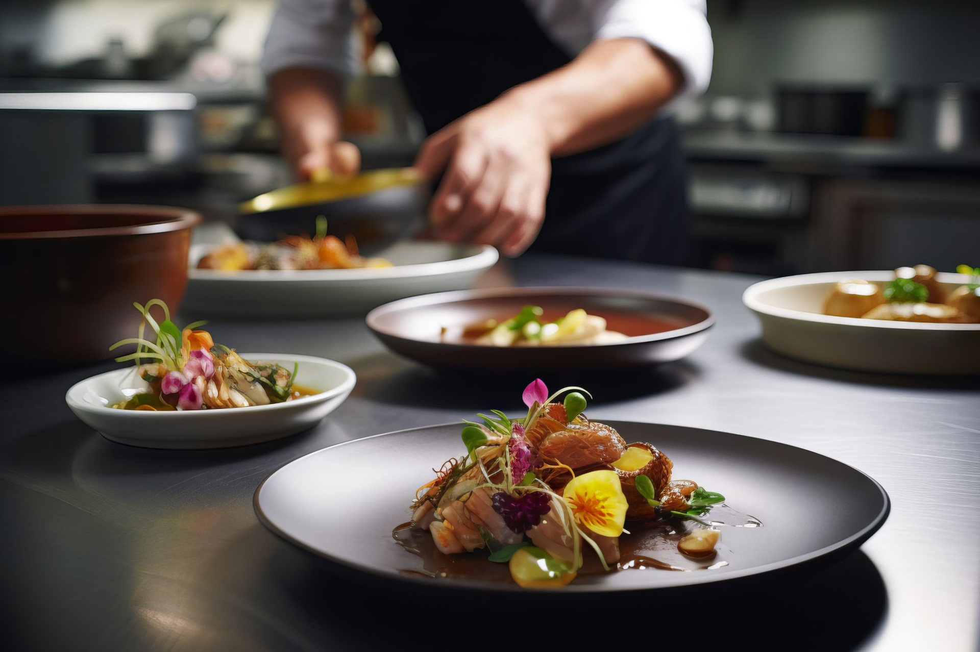 Un chef dresse des assiettes gastronomiques sur un comptoir de cuisine sombre, avec plusieurs assiettes finies au premier plan.