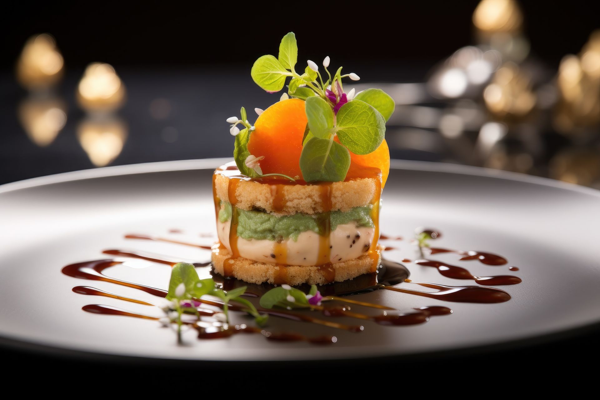 Dessert gourmand à étages aux fruits rouges et à la menthe, présenté sur une assiette blanche et nappé de sauce au chocolat.