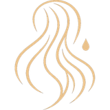 Logotipo abstracto dorado de cabello suelto con una pequeña gota sobre un fondo blanco