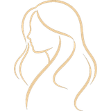 Dibujo minimalista en línea dorada de la silueta de perfil de una mujer sobre un fondo blanco.