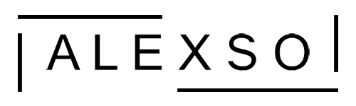 Logotipo de ALEXSO en blanco y negro con borde cuadrado y líneas verticales en los laterales.