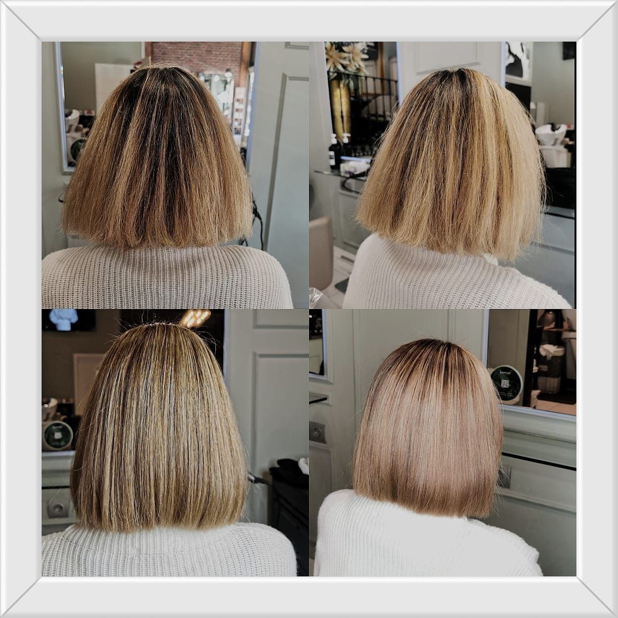 Cuatro fotos de salón que muestran transformaciones de cabello rubio estilo bob vistas desde atrás.