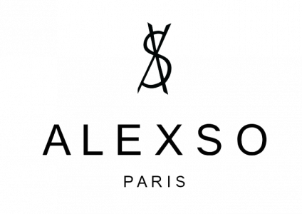 Logotipo de ALEXSO PARIS en negro sobre fondo blanco con un monograma estilizado encima del nombre.