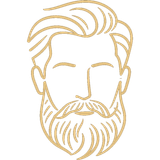 Rostro minimalista dibujado con líneas doradas, con cabello peinado hacia atrás y barba completa sobre un fondo blanco.