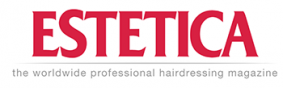 Logotipo de la revista ESTETICA en rojo con el lema en gris: “La revista profesional de peluquería a nivel mundial”.