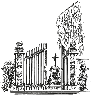 Zeichnung eines Tors zu einem Friedhof mit Grab