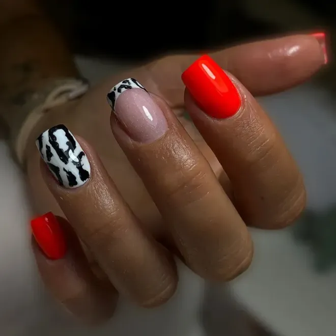Primer plano de una mano con uñas rojas y con estampado animal. Una uña tiene un diseño de punta francesa.