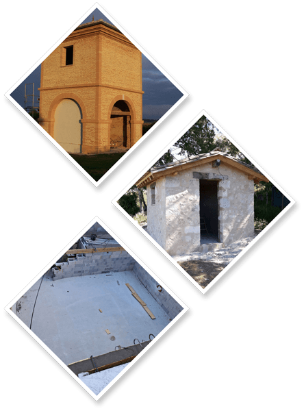 Composition de photos d'une tour, d'un abri de jardin et d'une construction d'une pièce supplémentaire sous forme de trio de losanges