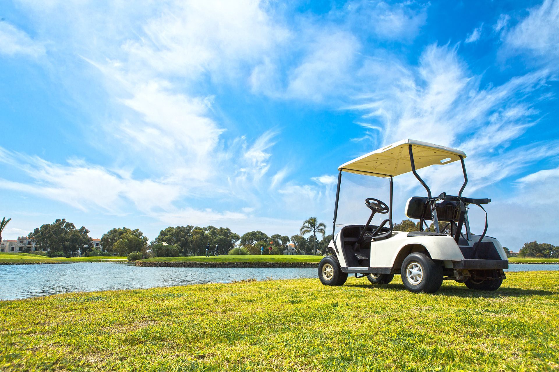 Voiture de golf devant un étang.