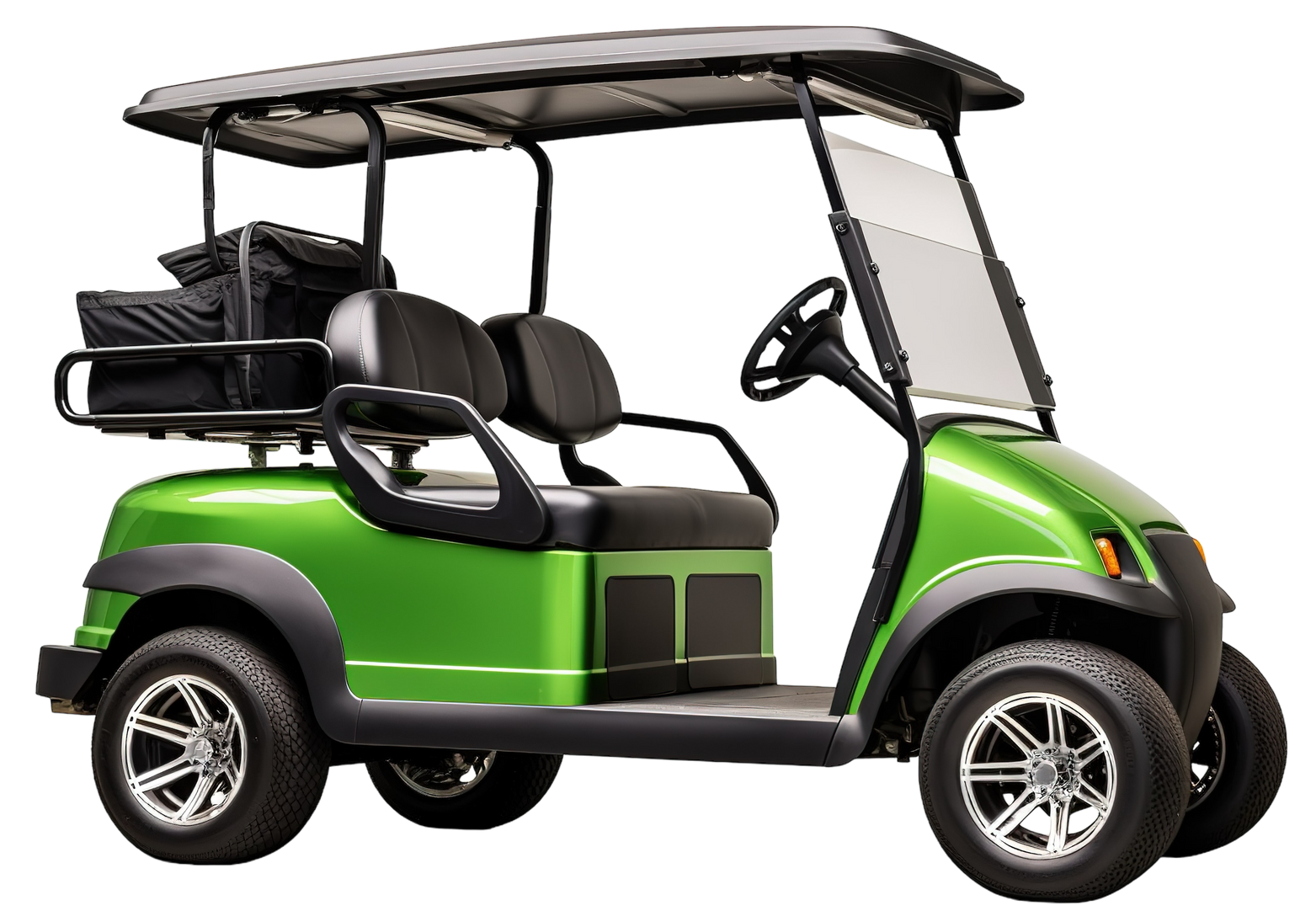 Golfette verte avec bagages.