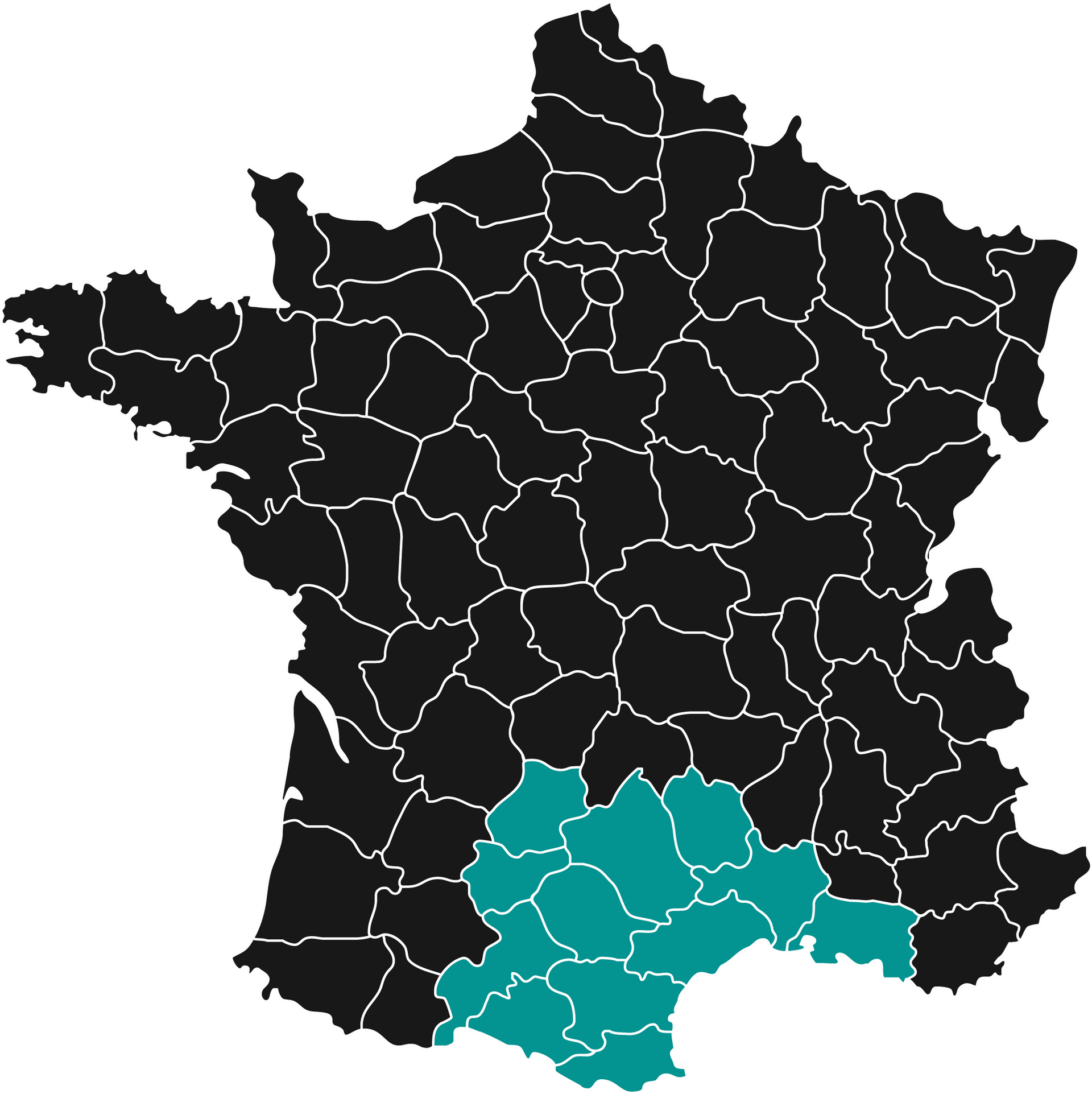 Carte de France avec départements sélectionnés.