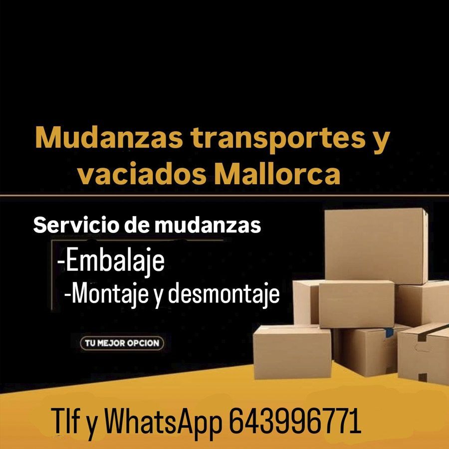 Anuncio de mudanzas en Mallorca con cajas de cartón y texto de servicios, en fondo negro y dorado.