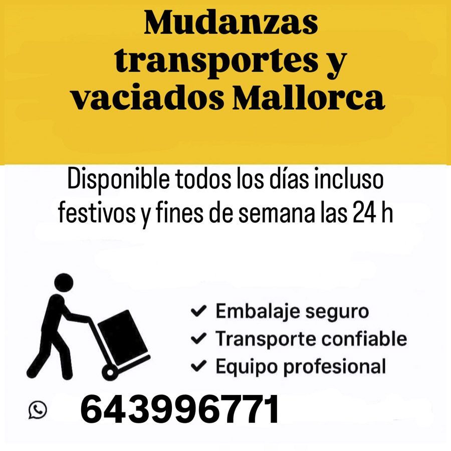 Cartel amarillo y blanco de mudanzas en Mallorca con servicios 24 h, lista de servicios y teléfono 643996771