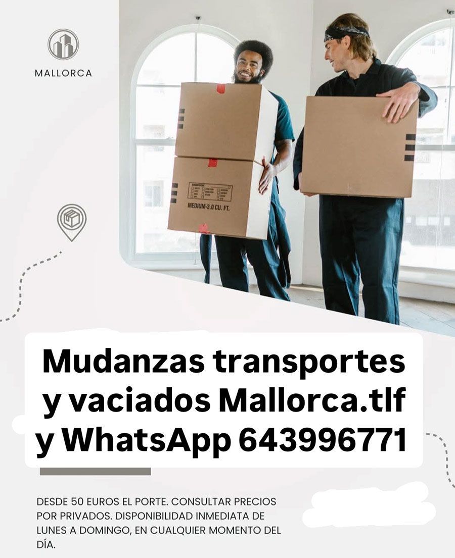 Dos personas sostienen cajas de mudanza frente a una ventana; anuncio de transportes, vaciados y WhatsApp 643996771