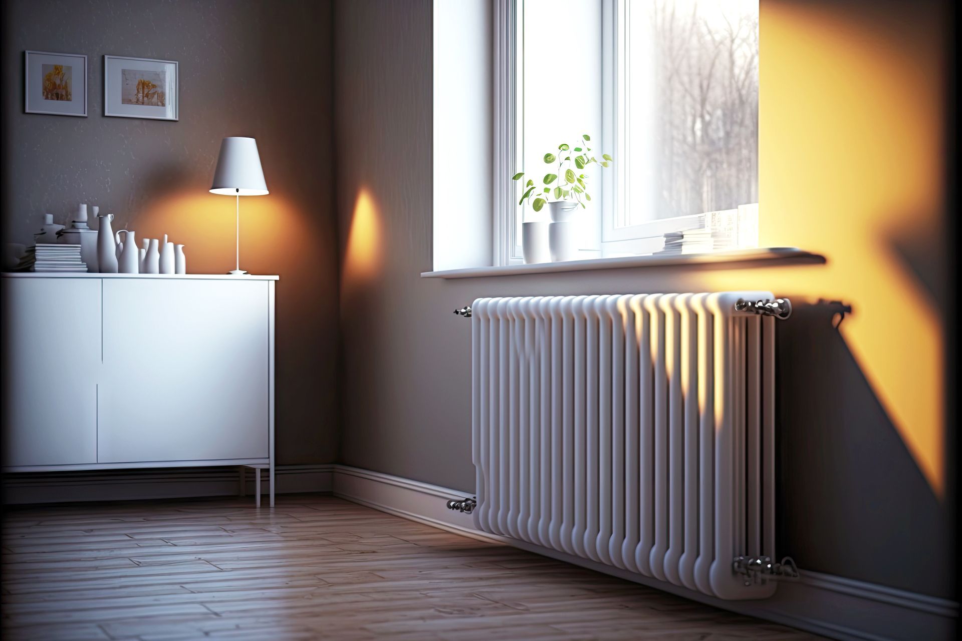 Une pièce lumineuse et minimaliste avec un radiateur blanc.