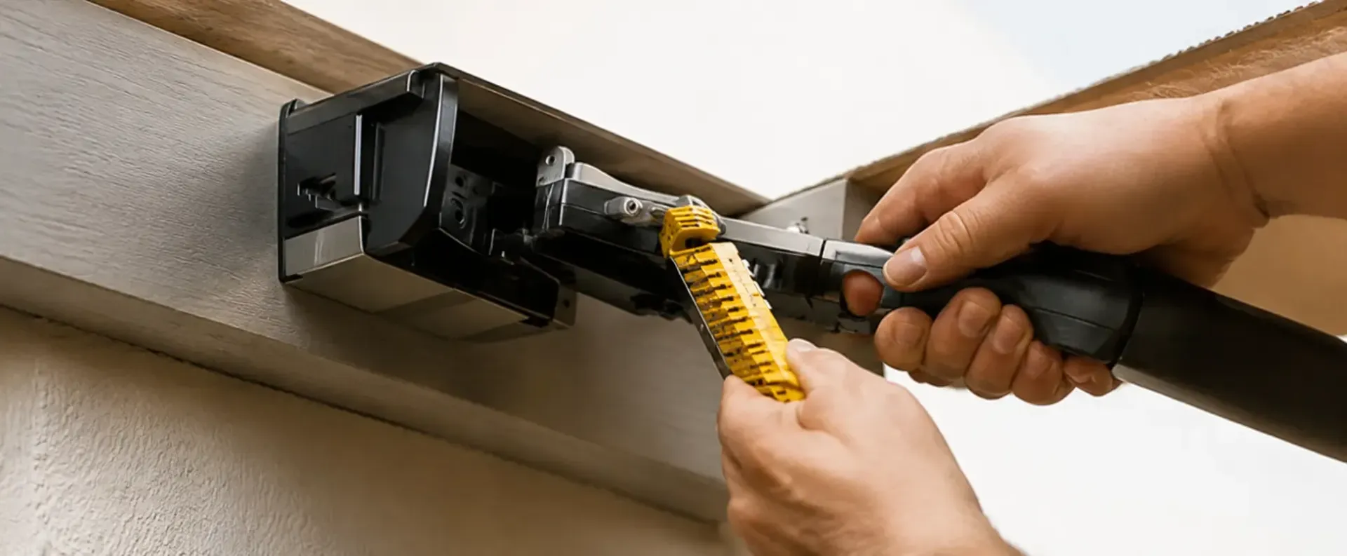 Manos utilizando una herramienta para crimpar cables amarilla sobre un cable negro en un espacio de trabajo en primer plano.