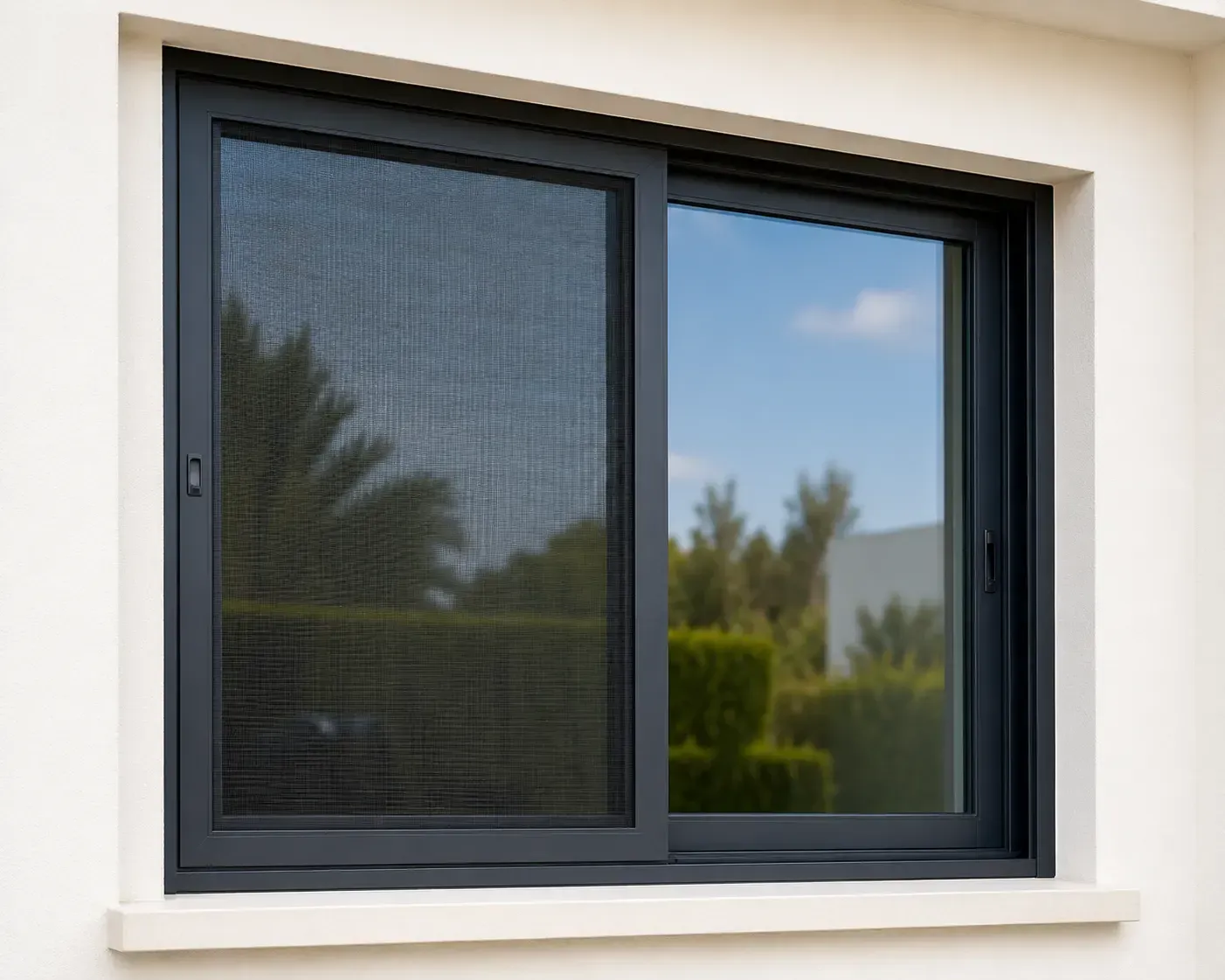 Ventana corredera con marco negro y mosquitera oscura que refleja árboles y cielo azul.