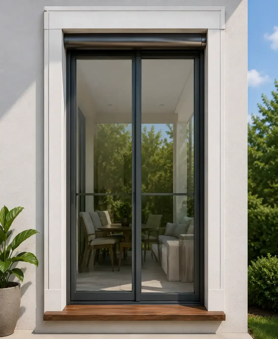 Modernas puertas correderas de cristal con marcos oscuros dan