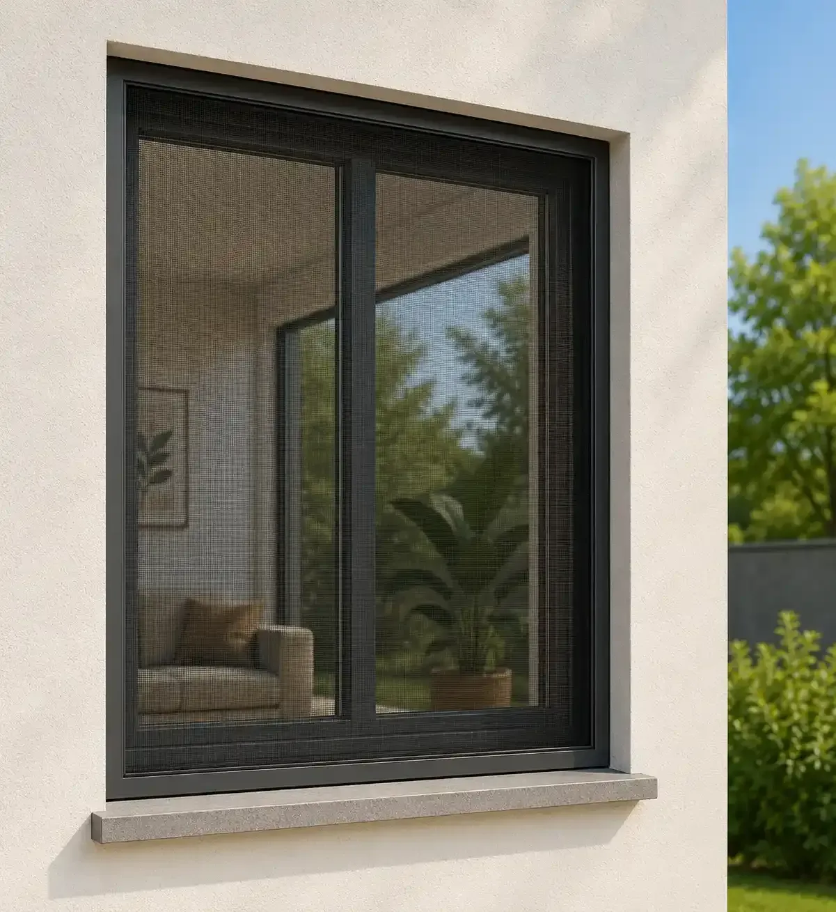 Ventana moderna con marco negro y mosquitera, instalada en una pared
