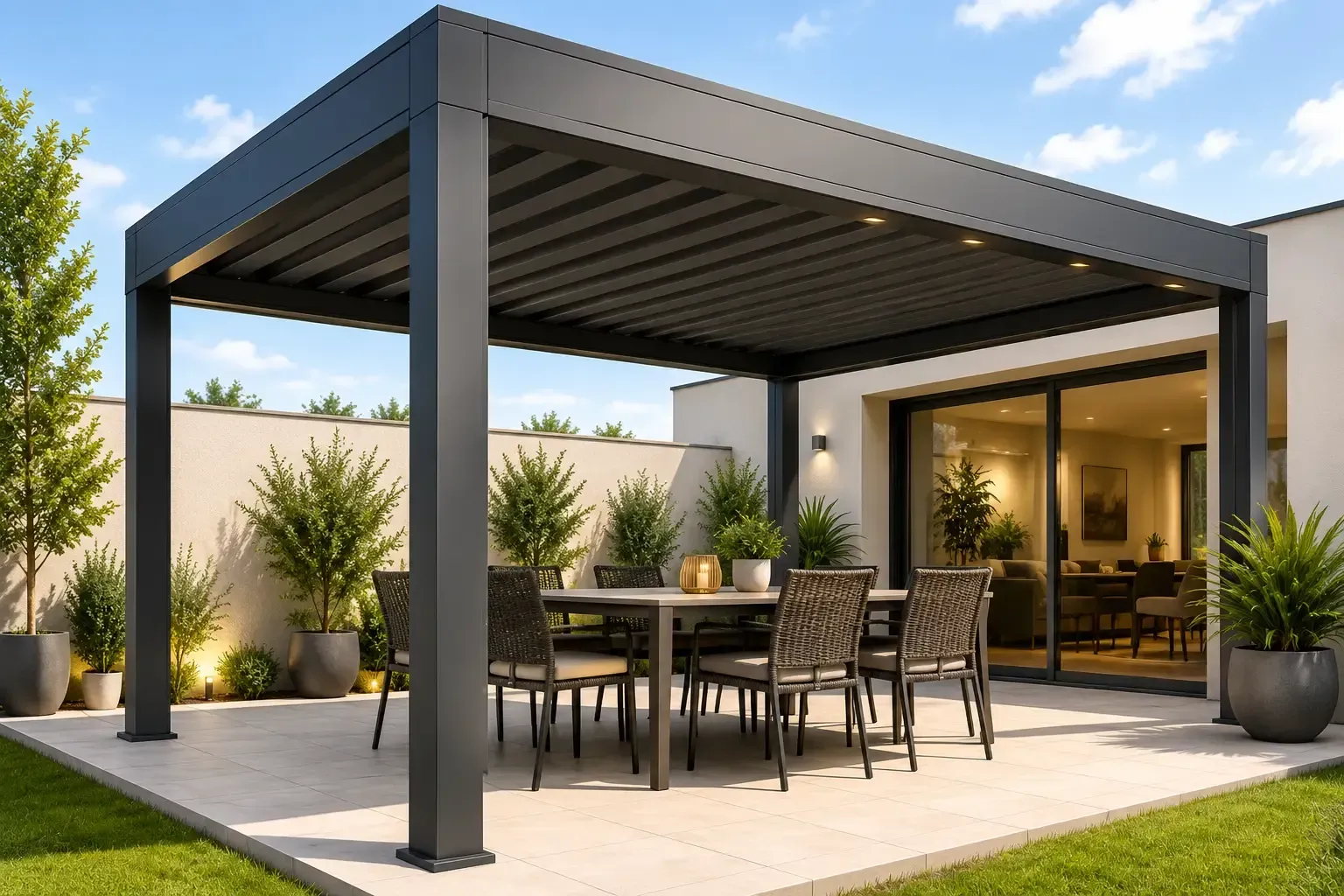 Patio trasero moderno con pérgola negra, mesa de comedor, sillas y plantas en macetas junto a una casa.