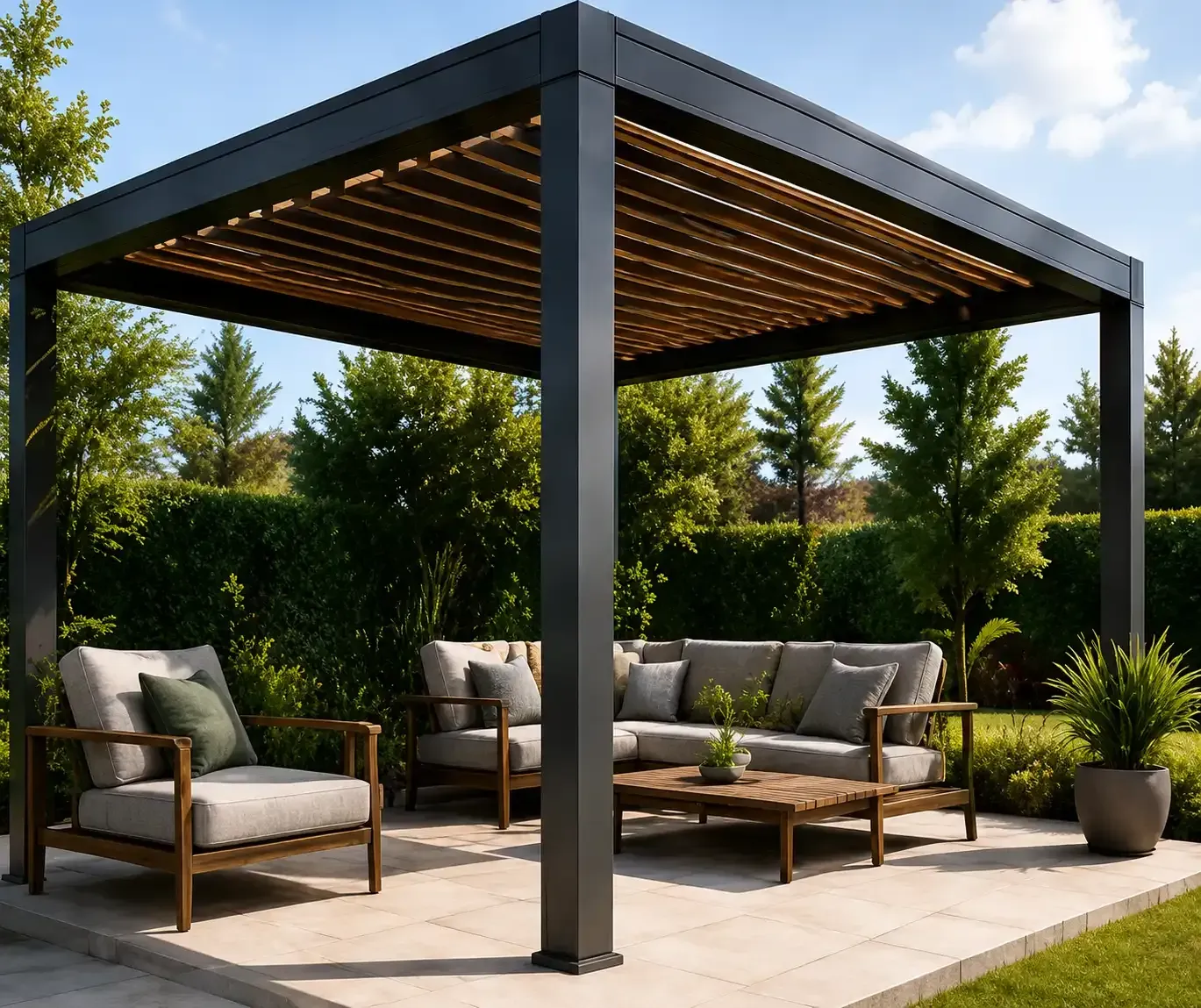 Patio exterior moderno con pérgola negra, sillas acolchadas y un sofá en una terraza de piedra rodeada de vegetación.