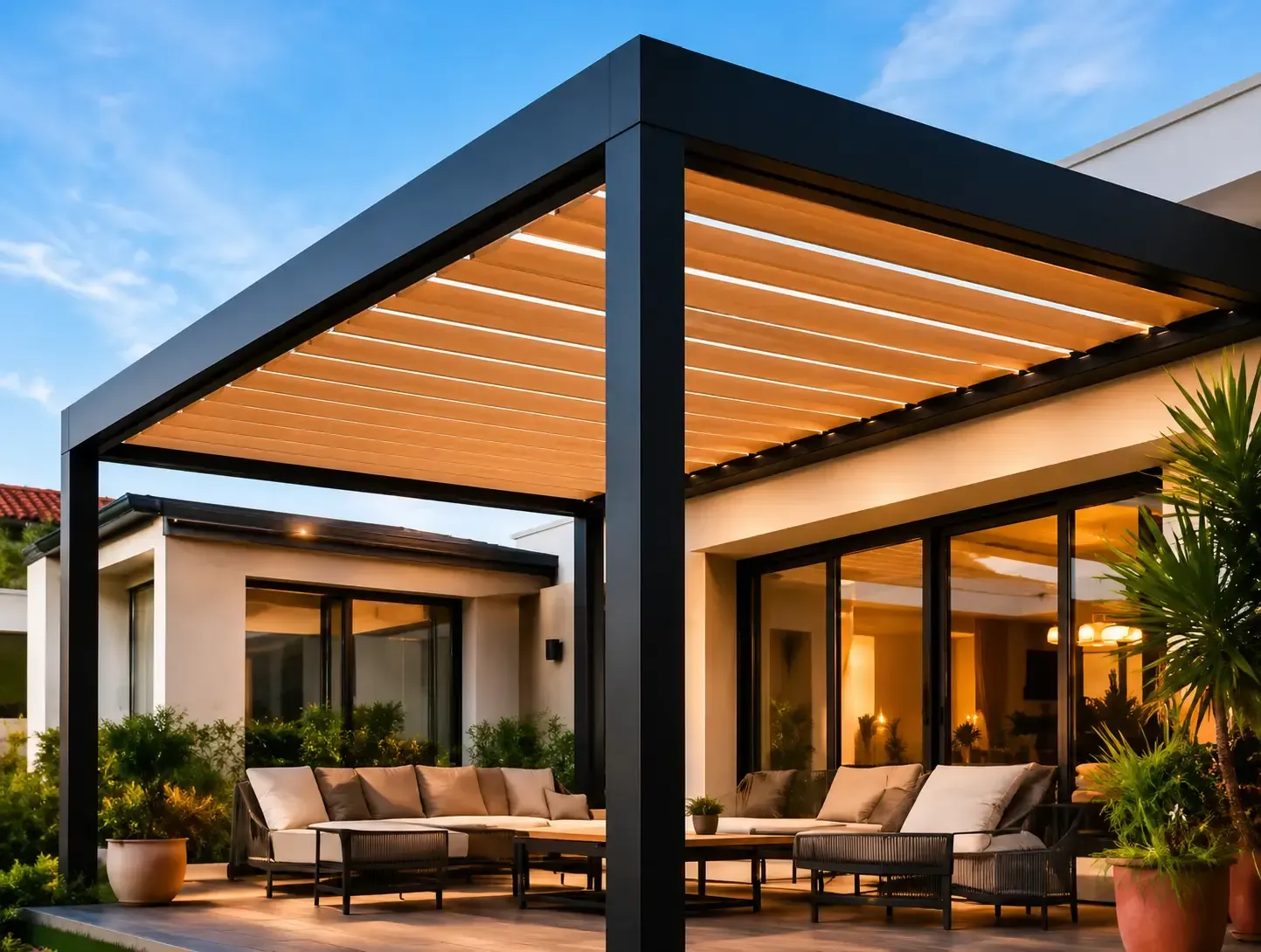 Patio moderno con pérgola negra, listones de madera cálida y asientos al aire libre junto a grandes puertas de cristal.
