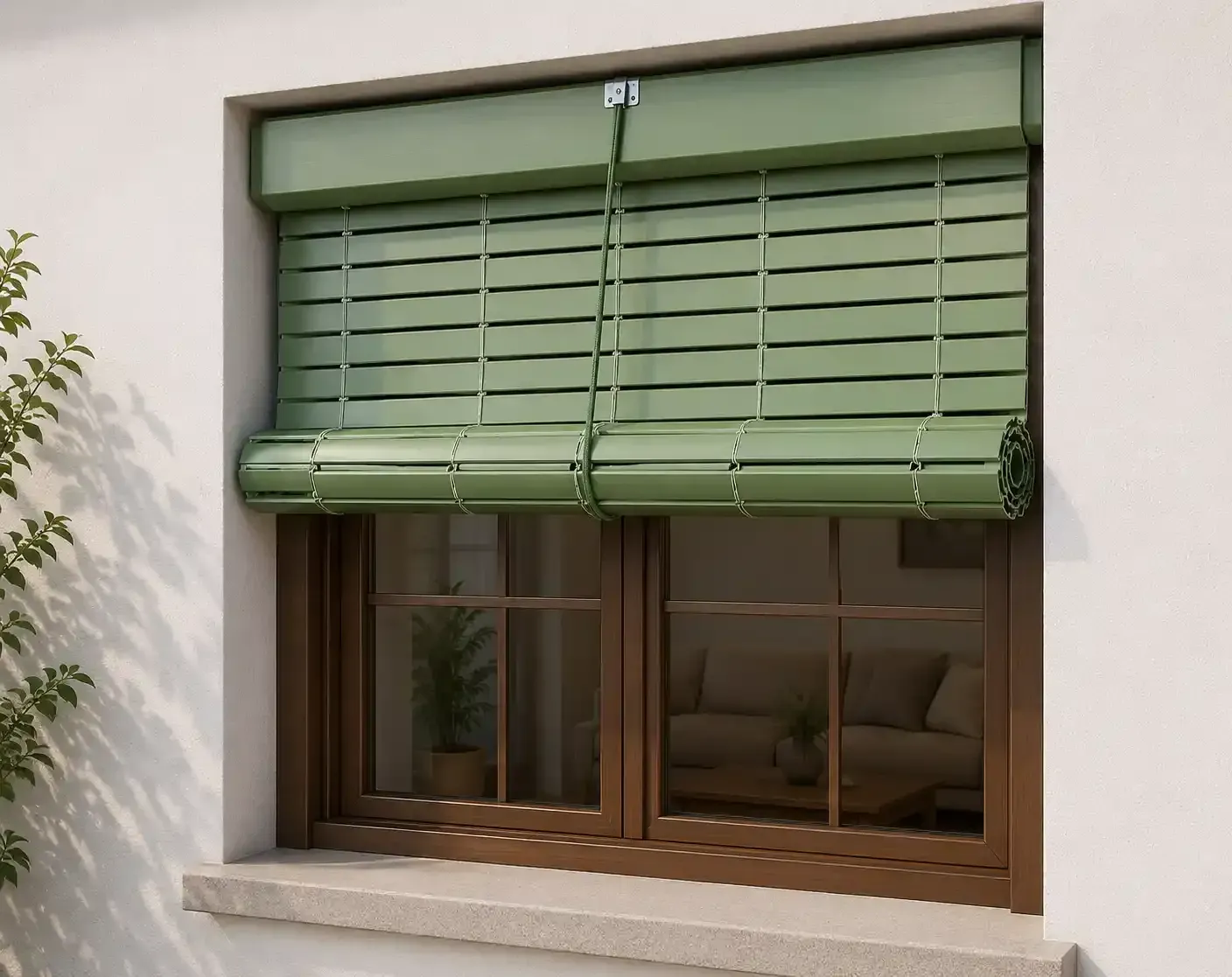 Ventana corredera con marco negro y mosquitera en una pared exterior clara, con vistas a un jardín verde.