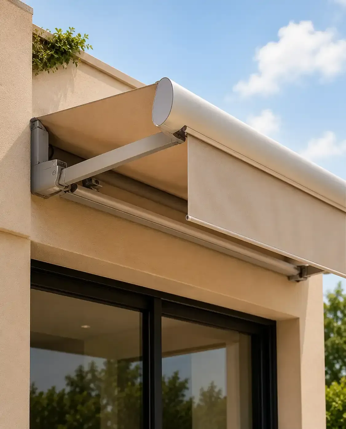 Toldo retráctil beige sobre una ventana y una puerta en la fachada de un edificio bajo un cielo azul.