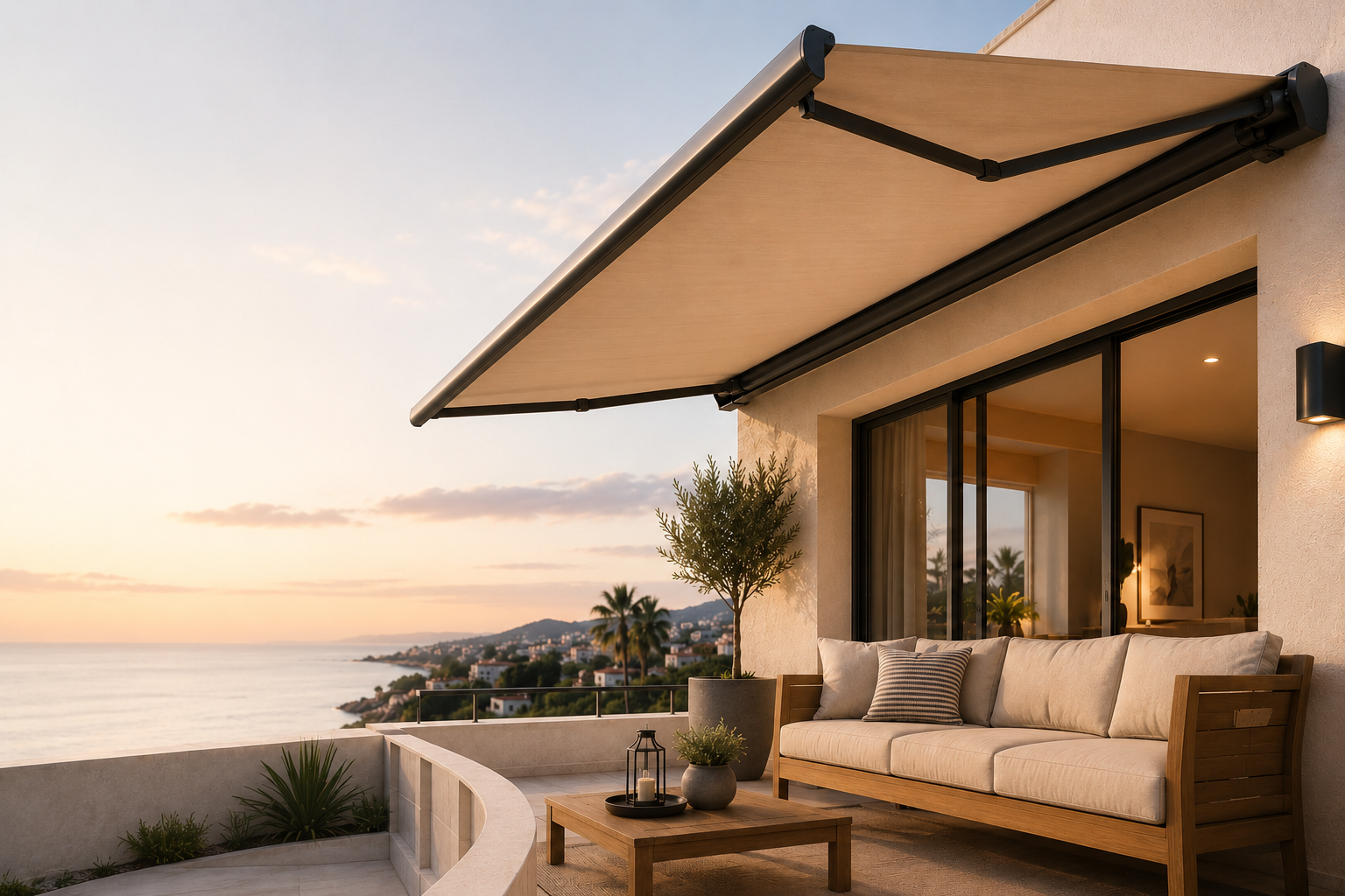 Patio moderno con toldo beige, sofá de exterior, plantas en macetas y puertas de cristal en una terraza soleada.