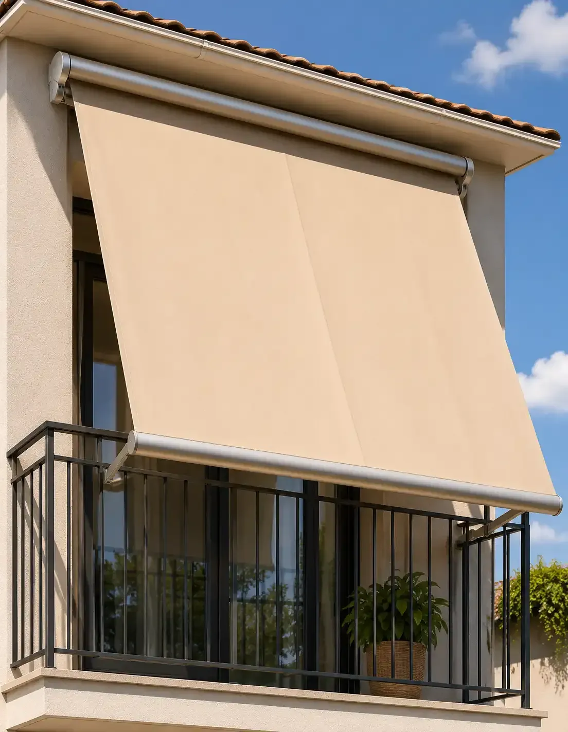 Toldo retráctil de color beige sobre un pequeño balcón con barandillas de metal negro en un edificio de estuco.