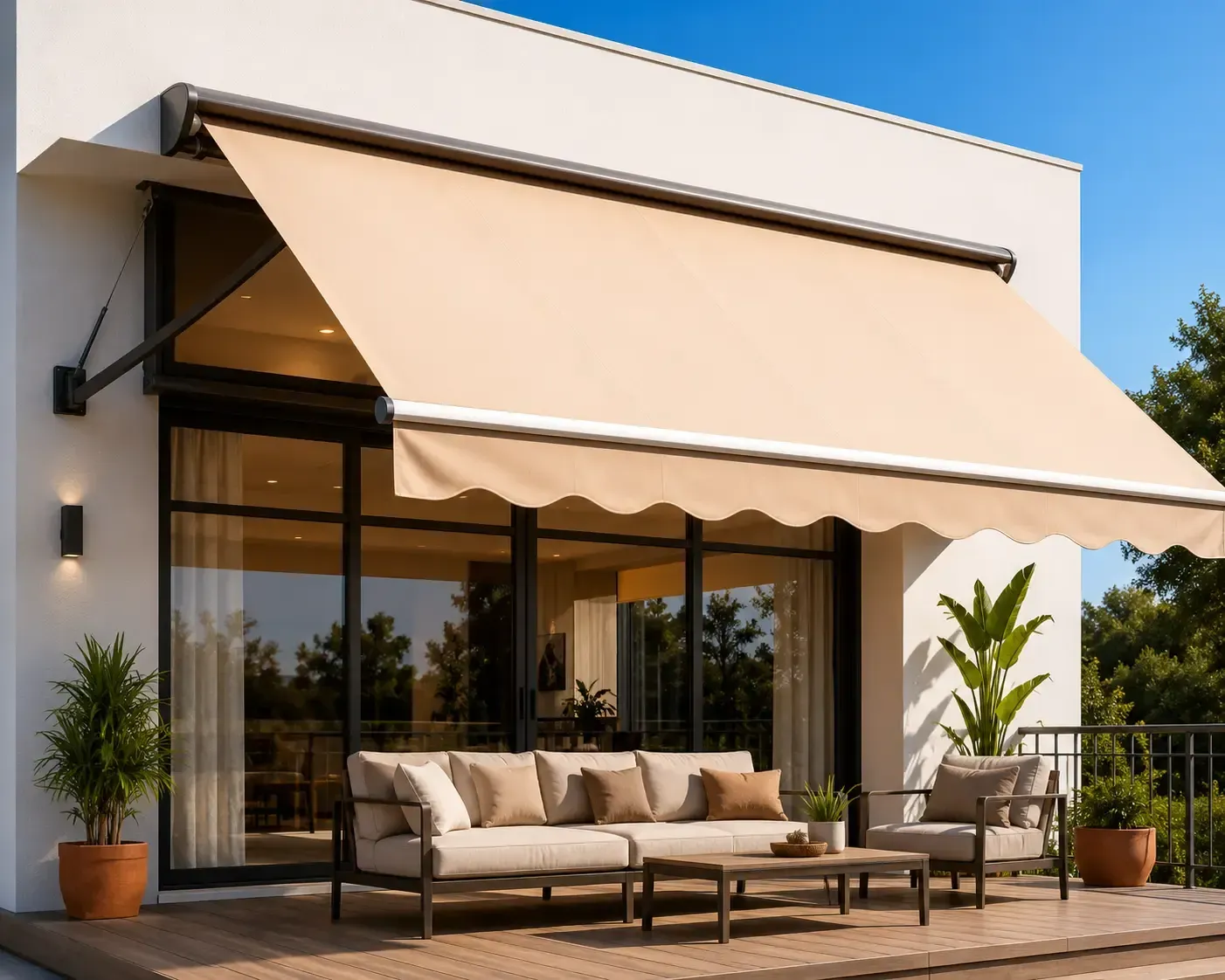 Patio moderno con toldo beige, sofá de exterior y plantas en macetas frente a las puertas de cristal.