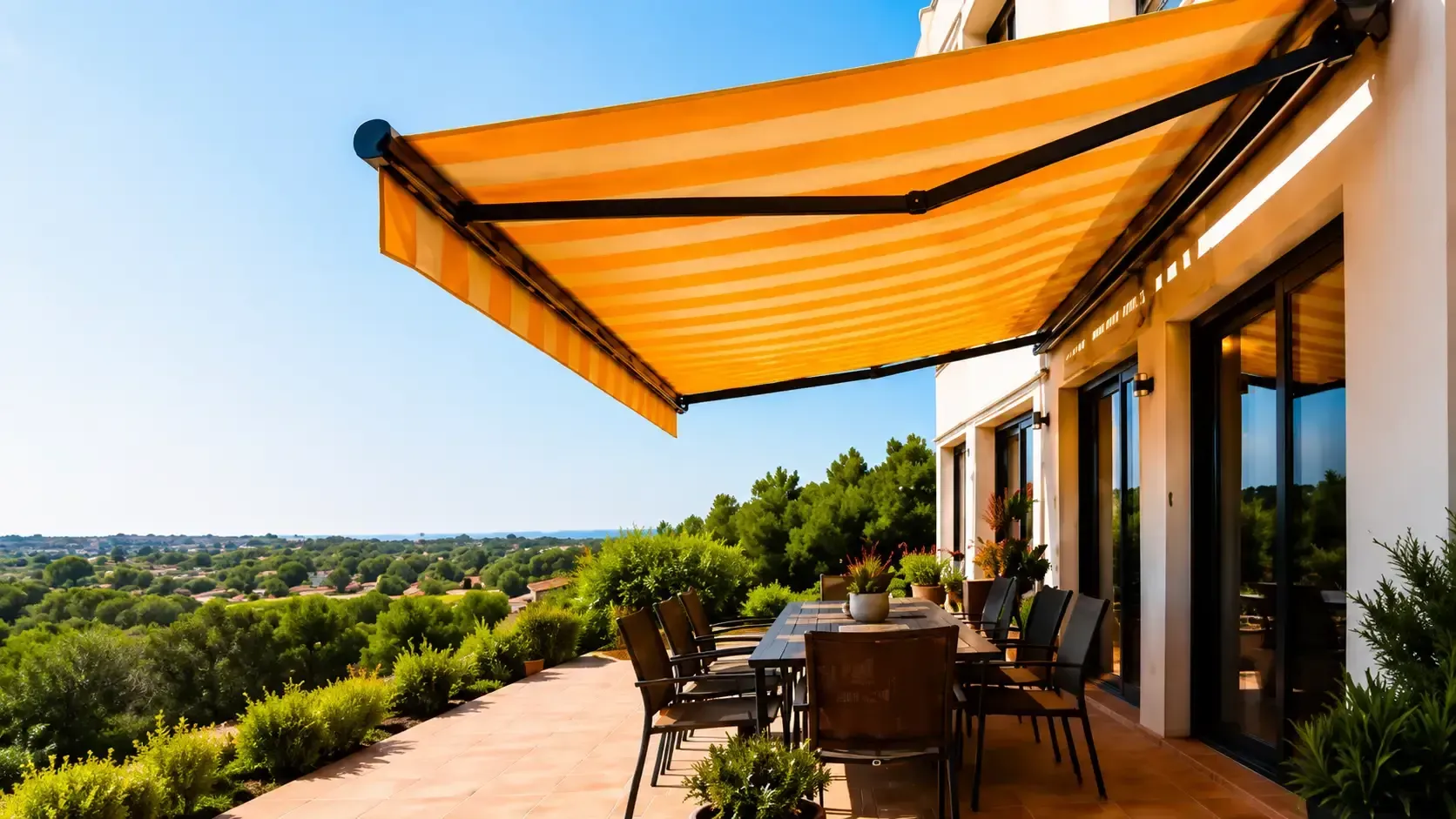 Un toldo naranja da sombra a un patio con mesas y sillas con vistas a una ladera verde.