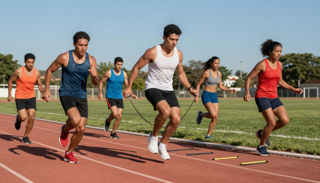 Un atleta salta en una pista durante una prueba de salto de longitud, con los jueces cerca.