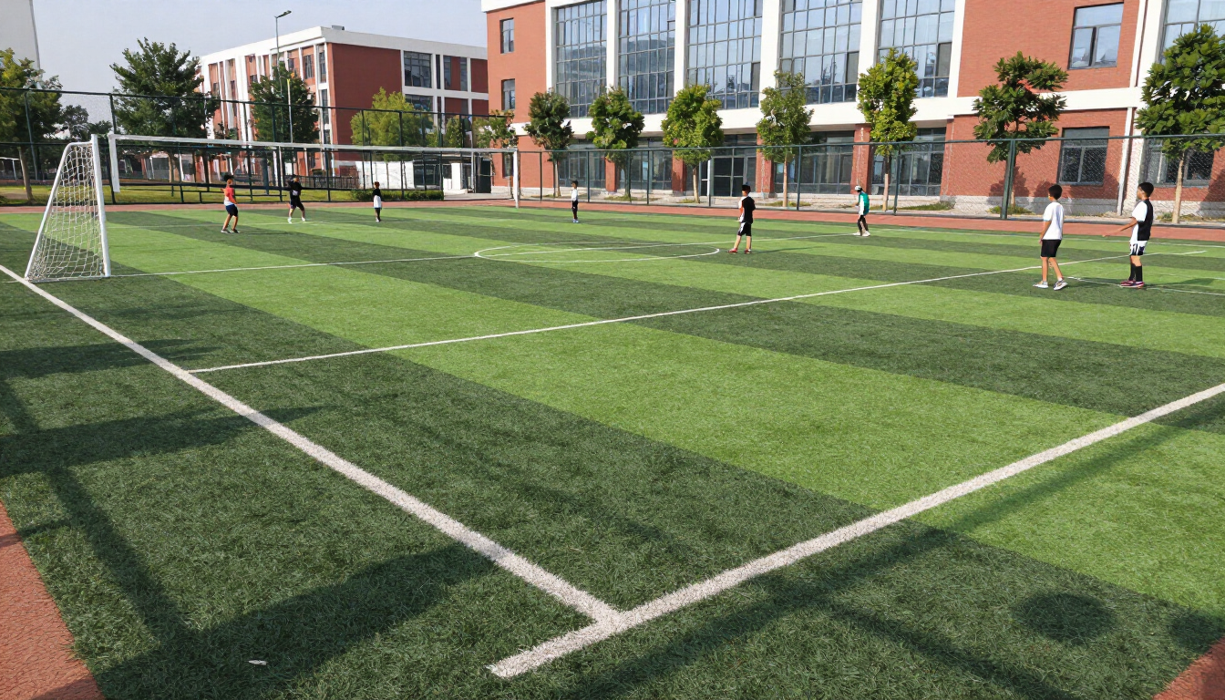 Campo deportivo escolar con estudiantes jugando baloncesto y corriendo en una pista bajo un cielo brillante.