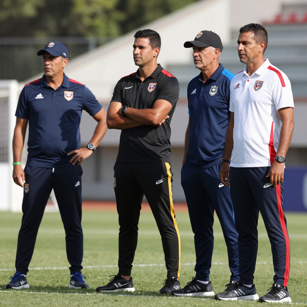 Funcionarios con portapapeles hablando junto a una pista durante un evento deportivo.